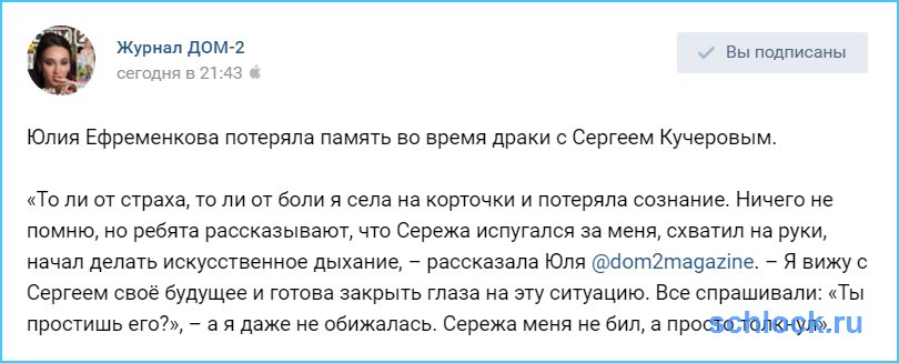 Ефременкова потеряла память во время драки с Кучеровым